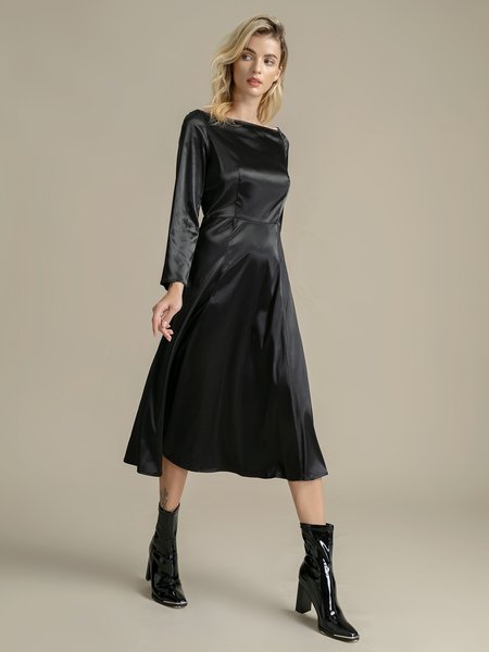 

Cold Shoulder Swing Elegant Plain Dress, Black, Midi Dresses