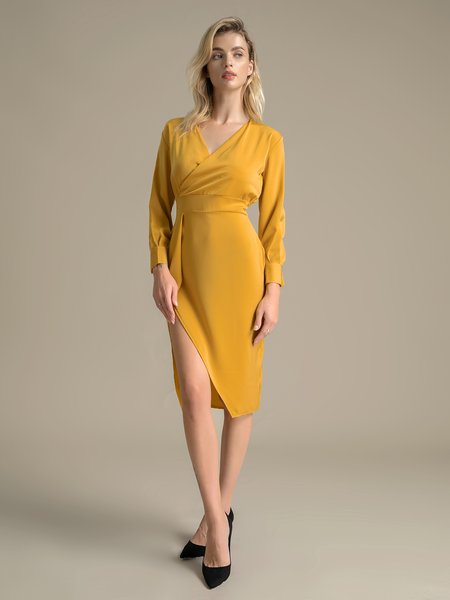 

Elegant Long Sleeve Solid Dress, Yellow, Midi Dresses
