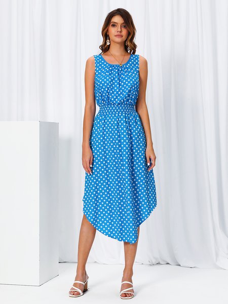 

Polka Dots Cold Shoulder Crew Neck Weaving Dress, Blue, Dresses