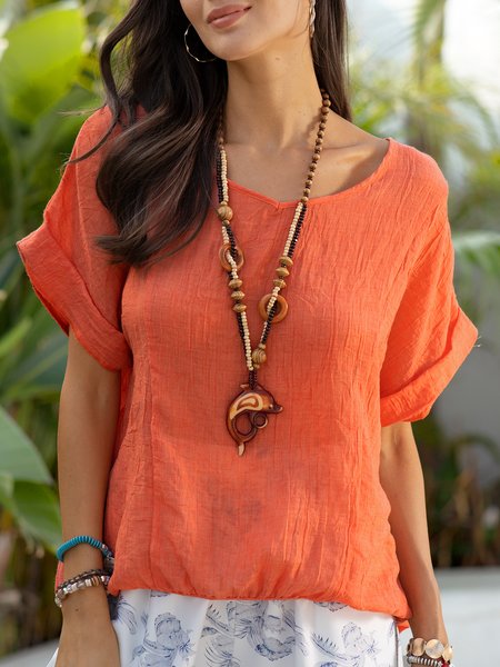 

Solid Short Sleeve Linen Round Neck T-Shirts & Tops, Orange, T-Shirts