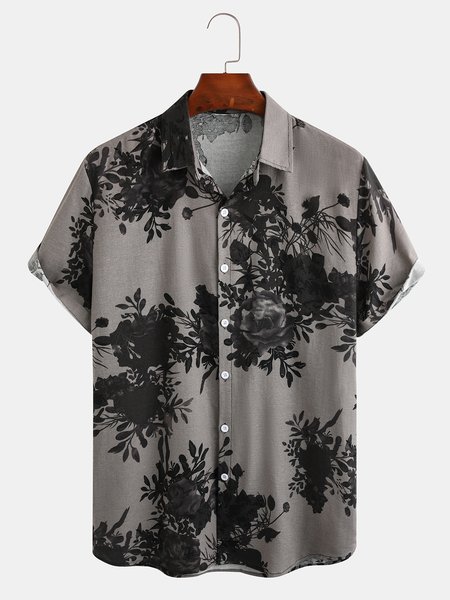 

Men's Hawaiian Cotton Linen Botanical Floral Print Short Sleeve Shirt, As picture, Shirts ＆ Blouse