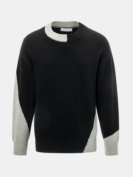 

Casual Crew Neck Cotton Blends Long Sleeve Sweater, Black-grey, Men's Sweater