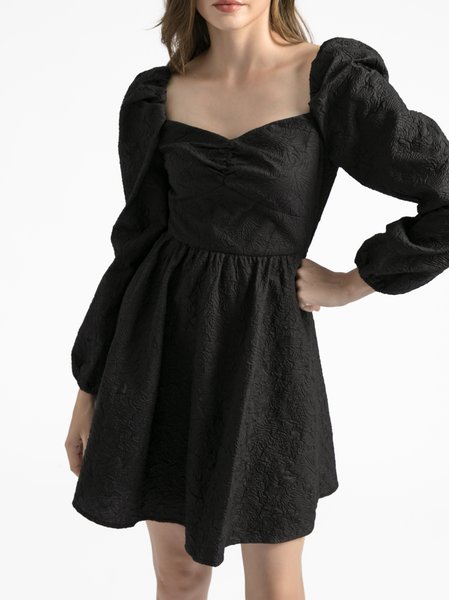 

V Neck Cotton Long Sleeve Dress, Black, Mini Dresses