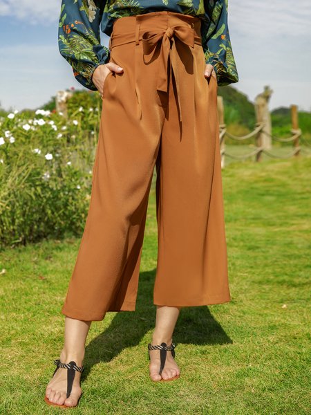 

Loosen Cotton Blends Simple Pants With Belt, Brown, Pants