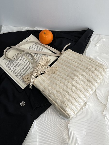 

Straw Lace Bow Holiday Shoulder Tote, Stripe, Shoulder Bags