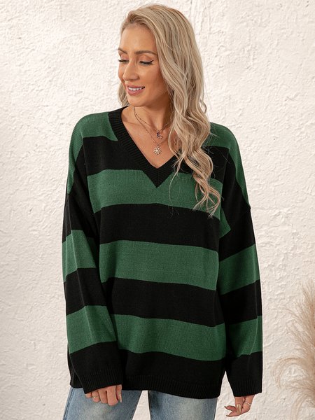 

Maniche Lunghe Scollo a V Maglione, Nero-verde, Sweater
