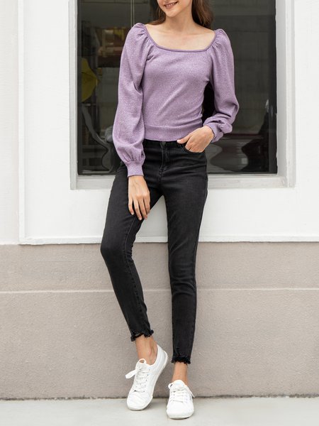 

Sweet Long Sleeve Square Neck Solid Top, Purple, Tops