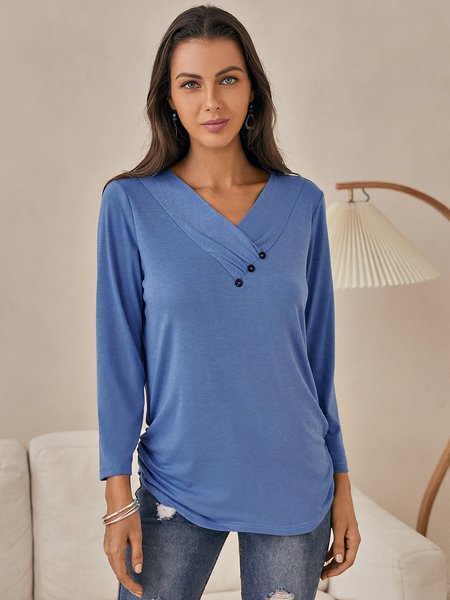 

Buttoned V Neck Vintage Solid Shirts & Tops, Blue, Tees & T-shirts