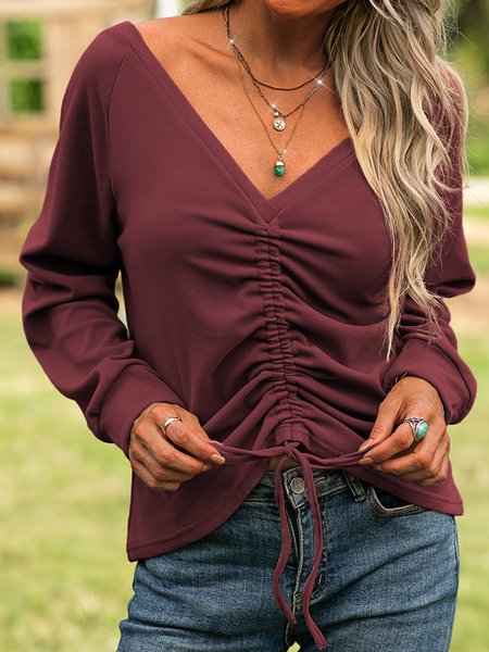 

Dritto Casuale Maniche Lunghe Top Cotone, Vino rosso, Blouses & Shirts