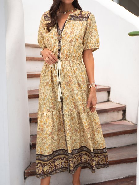 

Abito A-line Bohemian Floreale Misto Cotone, Giallo, Summer dresses