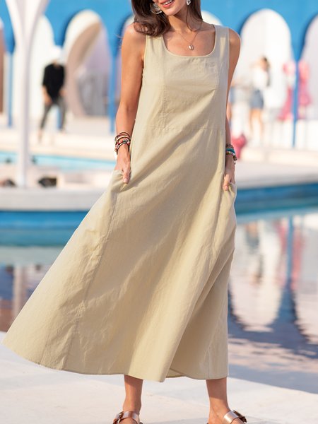 

Comfy U-Collar Side Pocket Casual Midi Dress, Khaki, Elegant Dresses