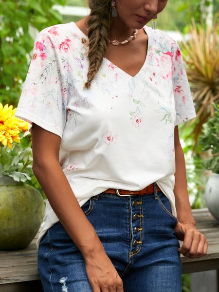 

Cotton-Blend Casual V Neck Short Sleeve Shirts & Tops, White, T-Shirts
