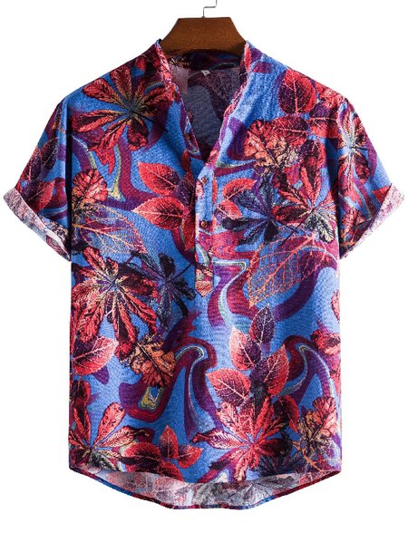 

Men's National Style Short Sleeve Casual Loose Shirt, Blue, Short Sleeves Shirts