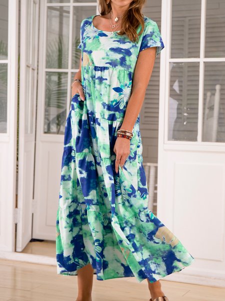 

Boho Floral Round Neck Fall Dresses, Sky blue, Tie dye dress