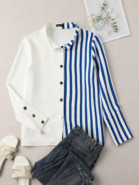 

Stripes Long Sleeve Casual Stand Collar Tops, White, Blouses and Shirts