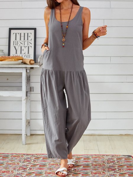

Basic Sleeveless Crew Neck Jumpsuit, Gray, Jumpsuits & Rompers