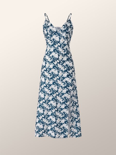

Floral Slit Fitted Cami Dress, Blue white, Maxi Dresses
