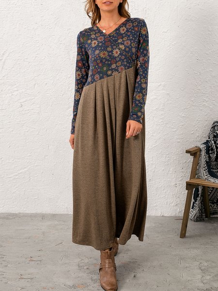 

Vintage V Neck Long Sleeve Shift Dresses, Royal blue, Maxi Dresses