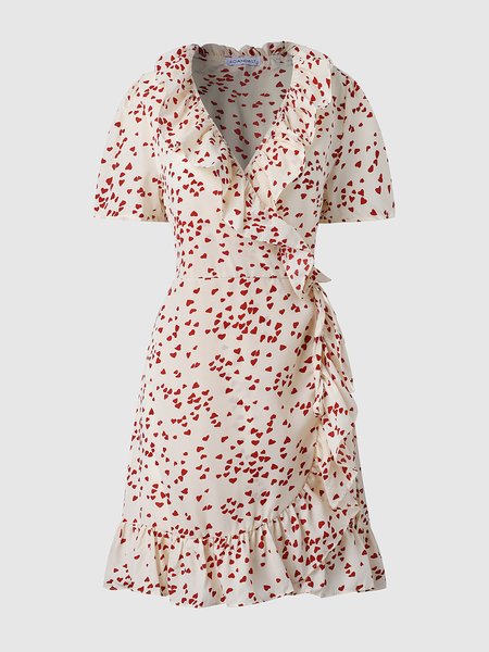 

V Neck Flouncing Girly Dress, Apricot, Midi Dresses