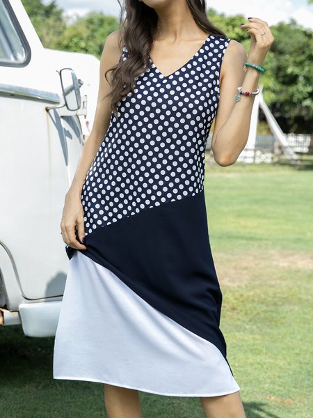 

Color-Block V Neck Holiday Sleeveless Weaving Dress, Deep blue, Casual Dresses