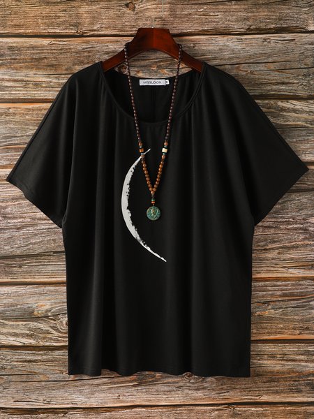 

Moon Print Short Sleeve Casual T-shirt, Black, T-Shirts