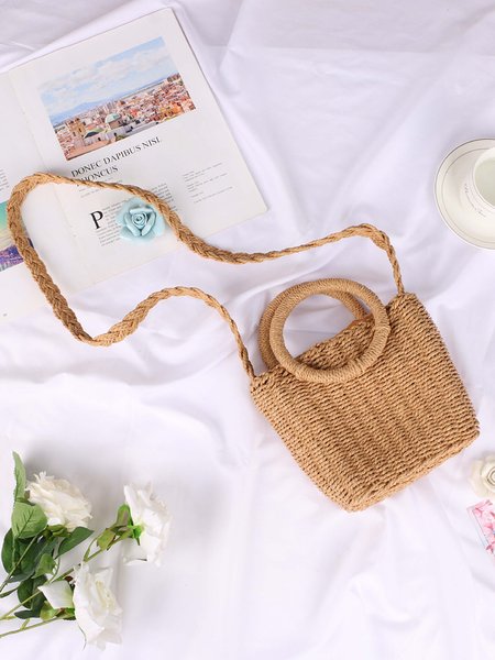 

Drawstring straw single shoulder messenger small square bag, Brown, Women's Bags