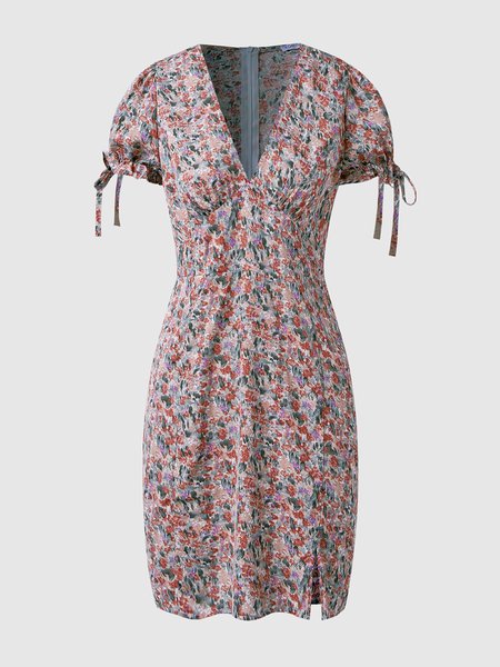 

V Neck Floral Girly Regular Fit Dress, Pink, Mini Dresses