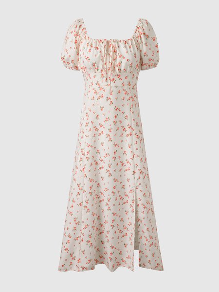 

Floral Square Neck Puff Sleeve Side Slit Dress, Apricot, Midi Dresses