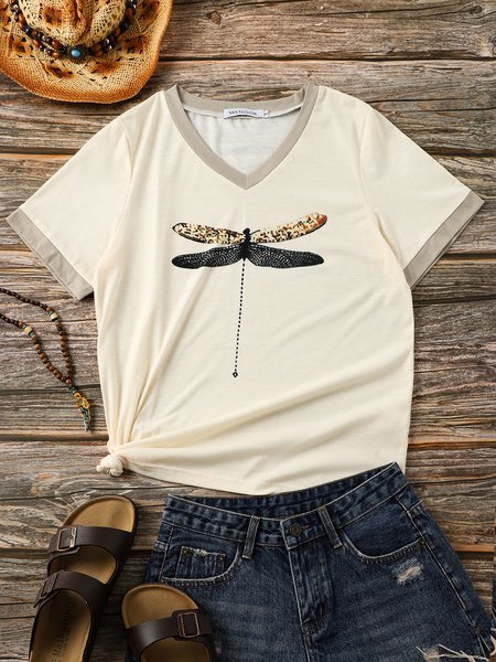 

V Neck Casual Short Sleeve T-shirt, Apricot, T-Shirts