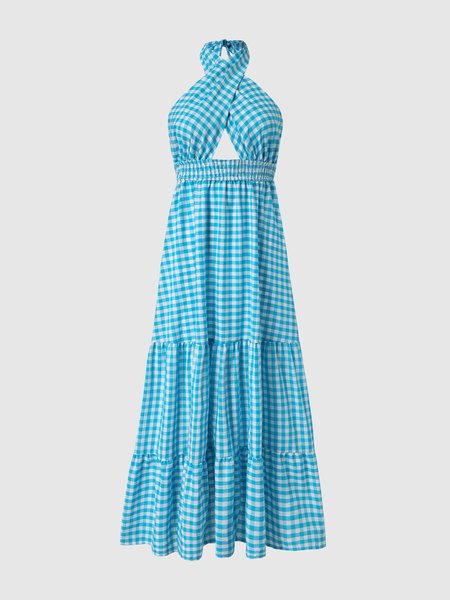 

Cotton Elegant Checked/Plaid Dresse, Blue, Maxi Dresses