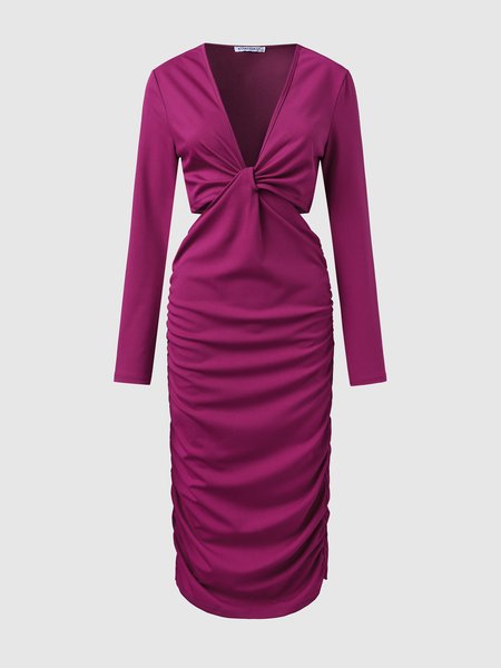 

Knot Front V Neck Fitted Dress, Purple, Midi Dresses
