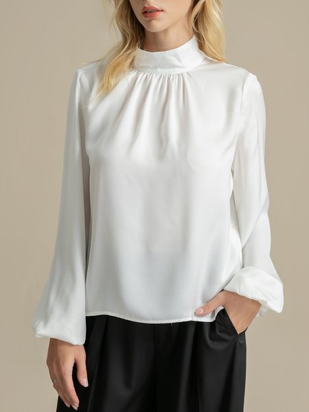

Satin Long Sleeve Solid Elegant Top, White, Blouses and Shirts