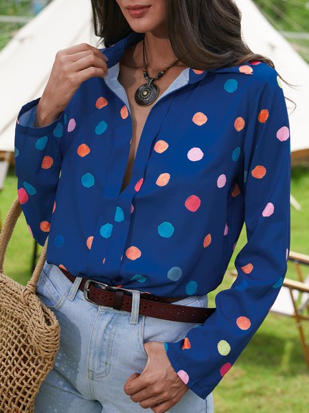 

Casual Long Sleeve Polka Dots Boho Shirts & Tops, Blue, Shirts & Blouses