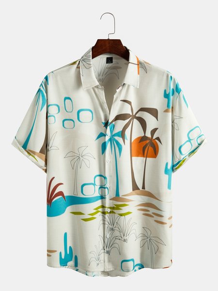 

Mens Geometric Coconut Tree Print Casual Breathable Hawaiian Short Sleeved Shirt, As picture, Shirts ＆ Blouse