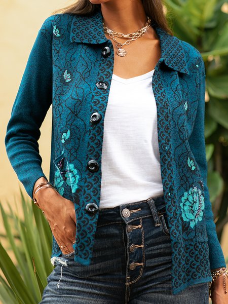 

Shawl Collar Vintage Rhinestone Long Sleeve Knitted Outerwear, Blue, Cardigans