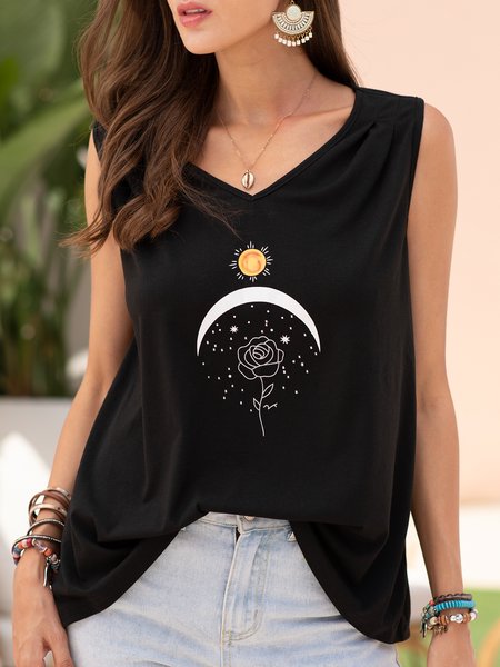 

V Neck Printed Casual Tanks & Camis, Black, Tanks & Camis