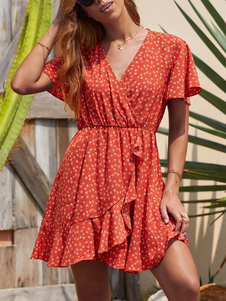 

V Neck Sundress Holiday Floral Mini Dress, Orange, Mini Dresses