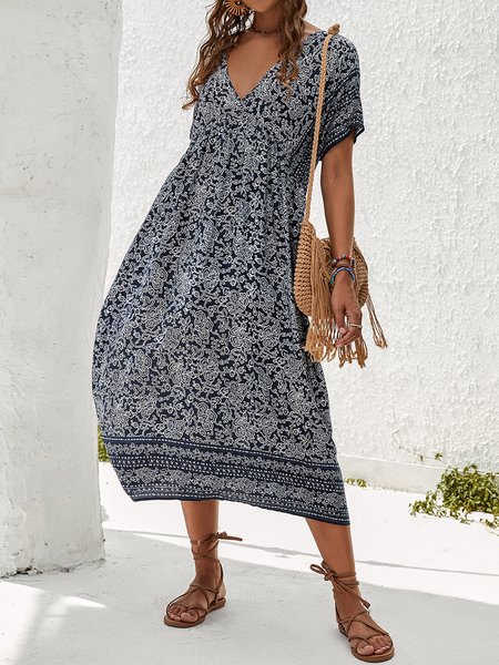 

Scollo a V Maniche Corte Dritto Abito, Blu, Maxi Dresses