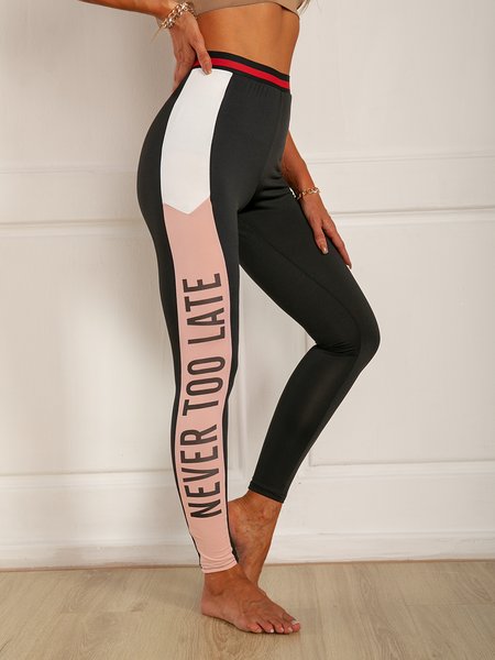 

letter casual paneled Leggings, Black, Sport Pants