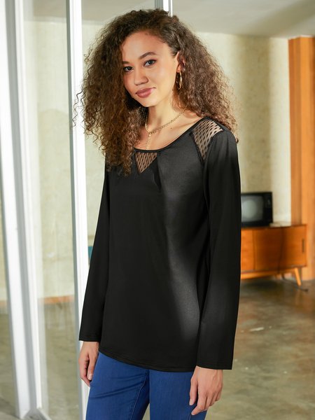 

Lace Patchwork Crew Neck Long Sleeve Shift, Black, Long sleeve tops