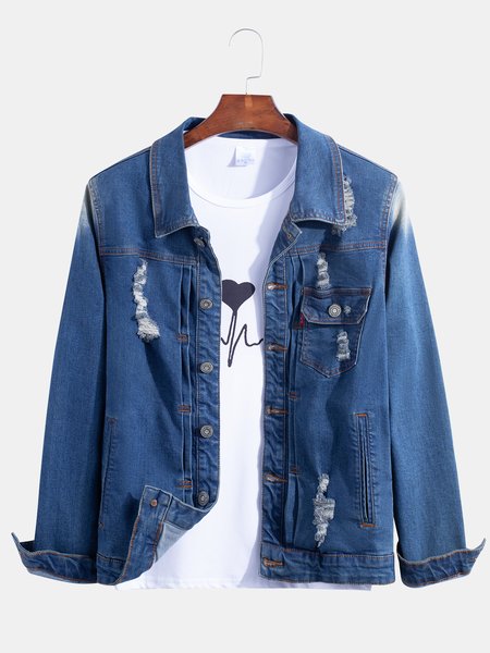 

Solid Shirt Collar Washed Jackets, Denim blue, Jackets & Coats