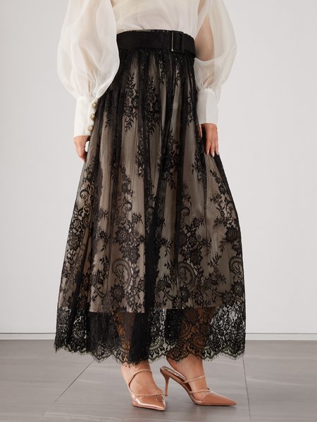 

Elegant Regular Fit Solid Skirt, Black, Maxi Skirts