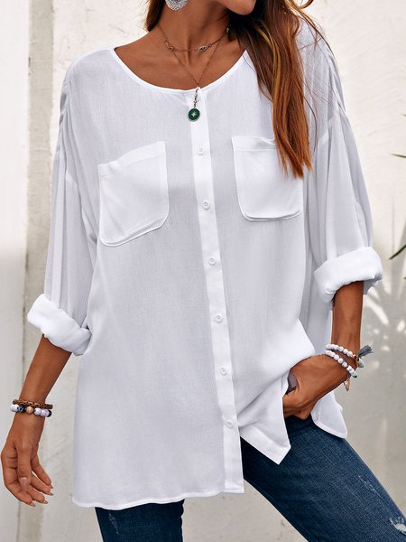 

Crew Neck Casual Long Sleeve Tops, White, Long sleeve tops