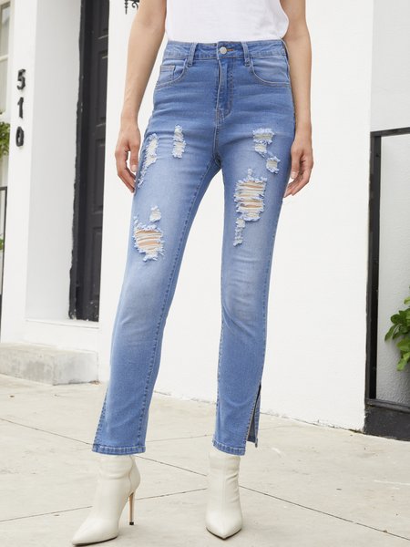 

Random Ripped Casual Slit Denim Pencil Pants, Blue, Pants