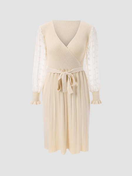

Paneled Balloon Sleeve Deep V-Neck Elegant Dresses, Apricot, Sweater Dresses