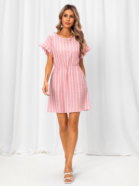 

Sweet Linen Short Sleeve A-Line Weaving Dress, Pink, Dresses