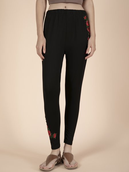 

Appliqued Floral Sheath Vintage Pants, Black, Pants