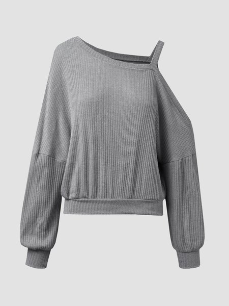 

New hollow out hanging neck off shoulder loose long sleeve T-shirt women, Gray, Long sleeve tops