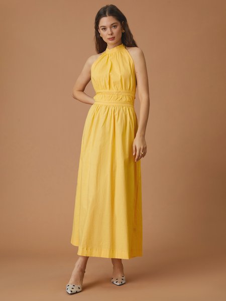 

Solid High Neck Elegant Dress, Yellow, Maxi Dresses