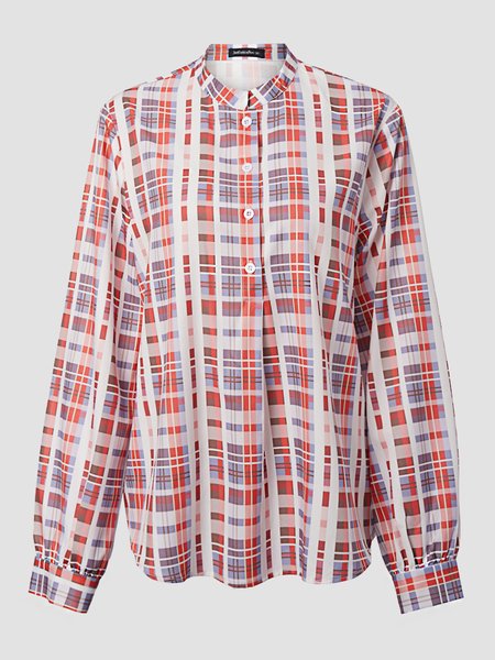 

Stand Collar Casual Shirts & Tops, White-red, Shirts & Blouses